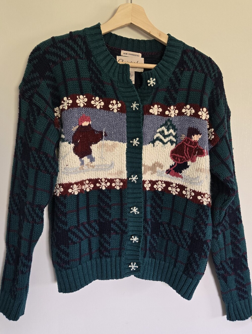 Green Plaid Ski Scene Cardigan Sweater Women's S